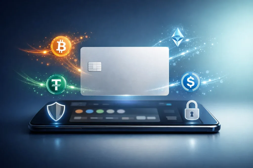 Virtual Visa and MasterCard card funded with cryptocurrency for secure online payments and account verification without KYC